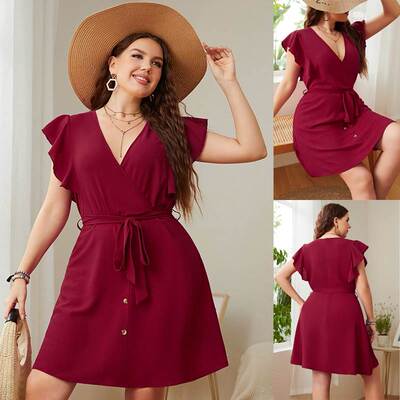 2022 summer plus size ladies deep V Party Dresses 大码连衣裙