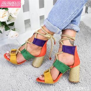 大码粗跟凉鞋Women Sandals chunky heels Lace Up Shoes Size 43