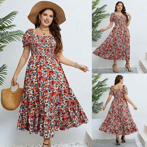 夏季碎花一字肩显瘦大码连衣裙 plus size summer floral dresses