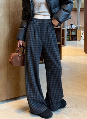 黑灰色格子裤女秋冬加绒裤子加厚毛呢西装裤桑蚕丝羊毛弯刀阔腿裤
