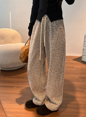 加绒阔腿裤子女秋冬季2024新款宽松雪尼尔条纹香蕉裤休闲弯镰刀裤