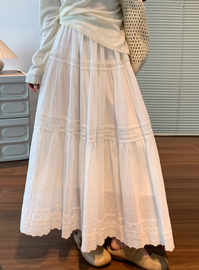 白色半身裙女2026春秋款A字大摆裙中长款蛋糕裙蕾丝花边蓬蓬伞裙