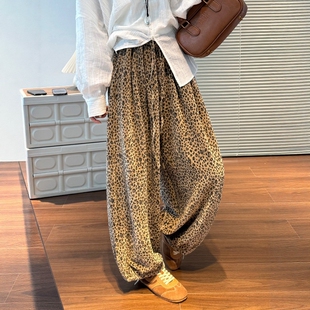 丝绒弯刀裤 日系宽松老钱风萝卜裤 女高腰垂感2026春新款 豹纹阔腿裤