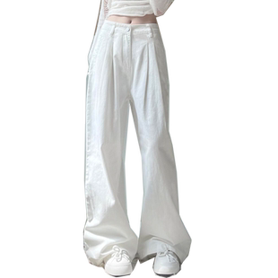 白色裤子女新款夏休闲窄版直筒裤宽松显瘦垂感质感不透棉麻阔腿裤