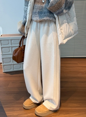 白色裤子女冬加绒加厚弯刀裤高腰垂感直筒裤醋酸糯米裤羊毛阔腿裤