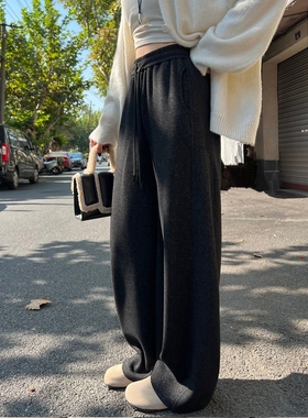黑灰色阔腿裤女秋冬弯刀裤醋酸羊毛针织运动卫裤高个子直筒长裤子
