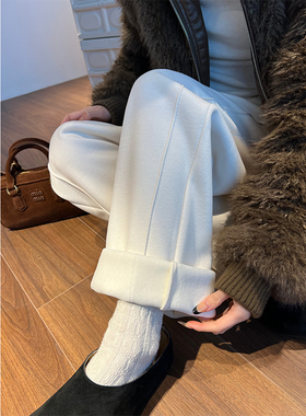 白色羊毛呢阔腿裤女秋冬加绒休闲软糯香蕉裤垂感卫裤直筒弯镰刀裤