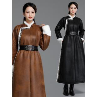 秋冬女士蒙古袍保暖传统棉衣外套蒙古元素服装彷皮毛一体厚棉袄