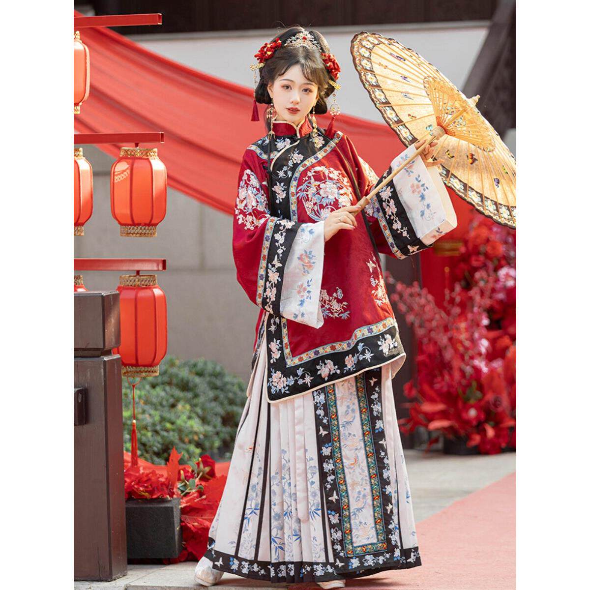 秋冬新式清代妇女原双色重工业覆原绣花棉裙中式斜翻领立领清代服