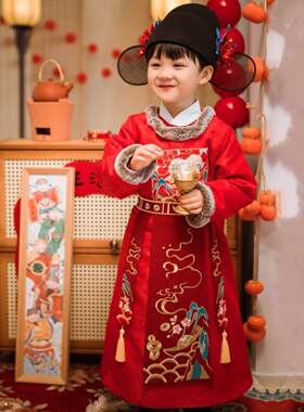 男童汉服圆领袍加绒男宝过年服唐装小财神古风棉衣中国风新年貔貅