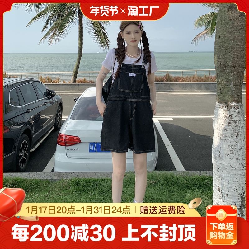 减龄气质设计感牛仔背带短裤女春夏季薄款大码胖mm洋气显瘦连体裤