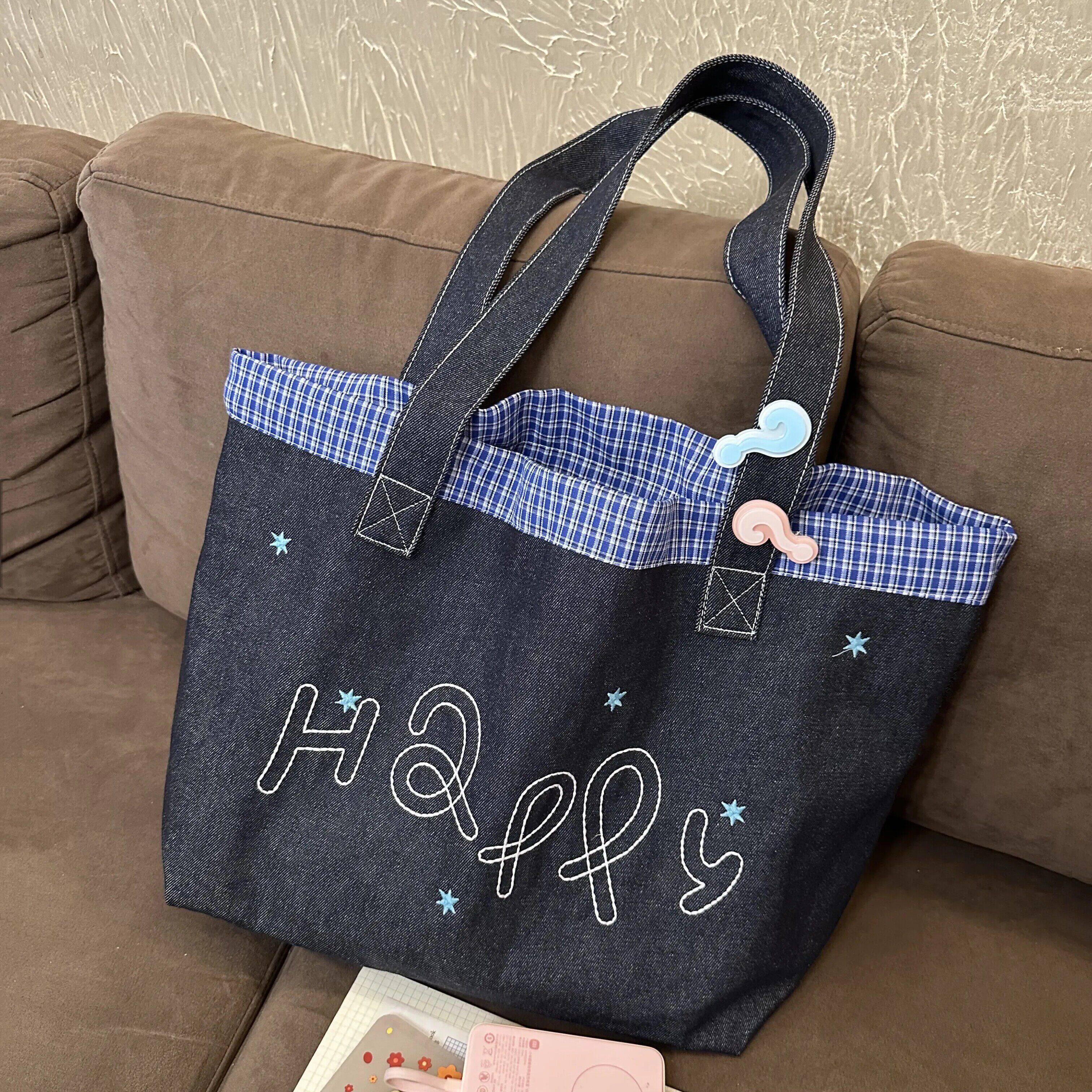 复古牛仔蓝格纹帆布包大容量时尚慵懒风单肩包手提包蓝色托特包女