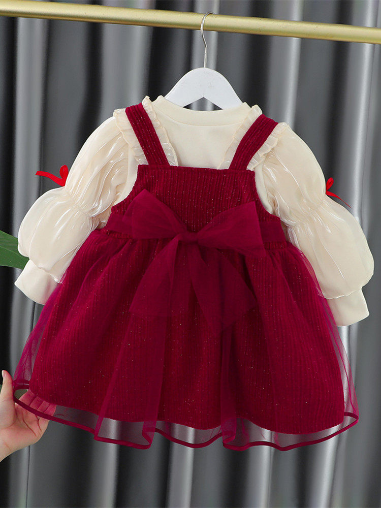 女童高端公主裙绝美冬季两件套裙加绒冬装洋气儿童甜美背带裙套装