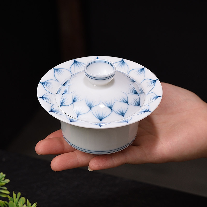 大师纯手画 画两才羊脂玉瓷盖碗茶杯家用陶瓷泡茶沏茶冲茶器三才