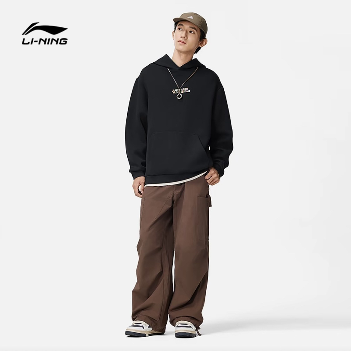 LiNing李宁 运动生活系列 字母印花图案连帽套头卫衣AWDU023-3