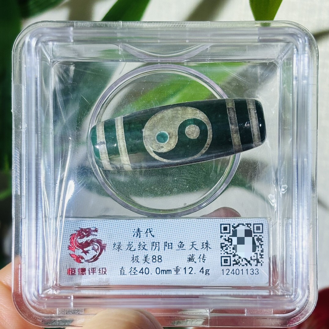 清代绿龙纹阴阳鱼天珠藏传至纯至美88分古珠真品收藏一图一码