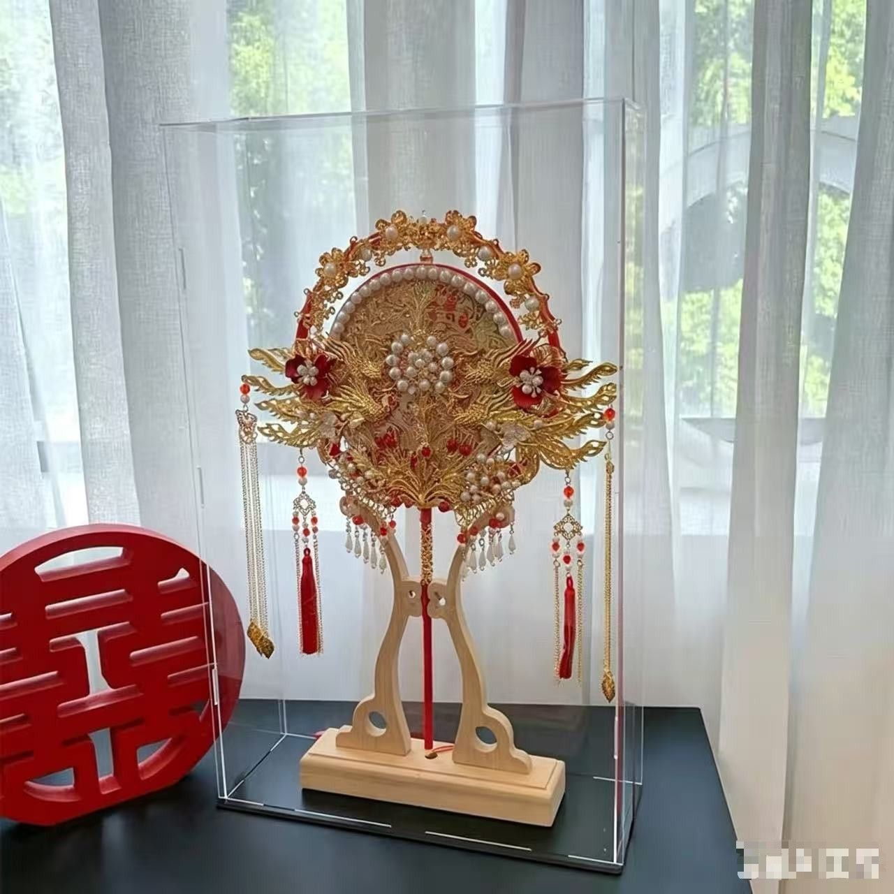 团扇透明展示盒亚克力空盒收纳防尘装饰相框新娘结婚包装喜扇礼盒图片