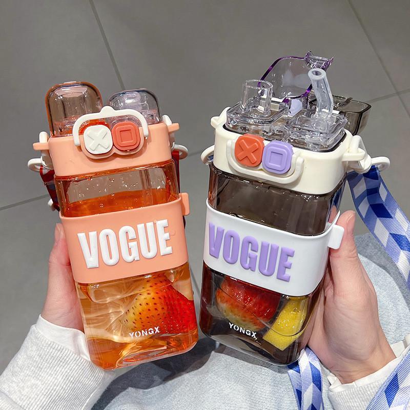 双饮口杯儿童隔热高颜值网红双弹盖直饮吸管两用塑料背带方形水壶