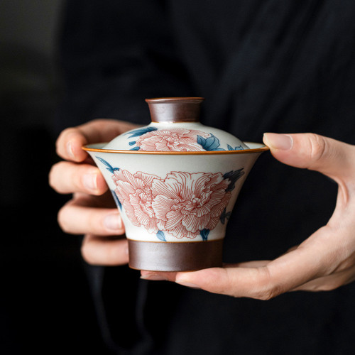 汝窑芙蓉花沐溪三才盖碗茶杯