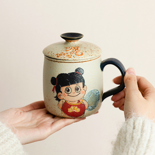 青花火石红纯手绘哪吒陶瓷办公杯泡茶杯带盖过滤水杯马克杯子