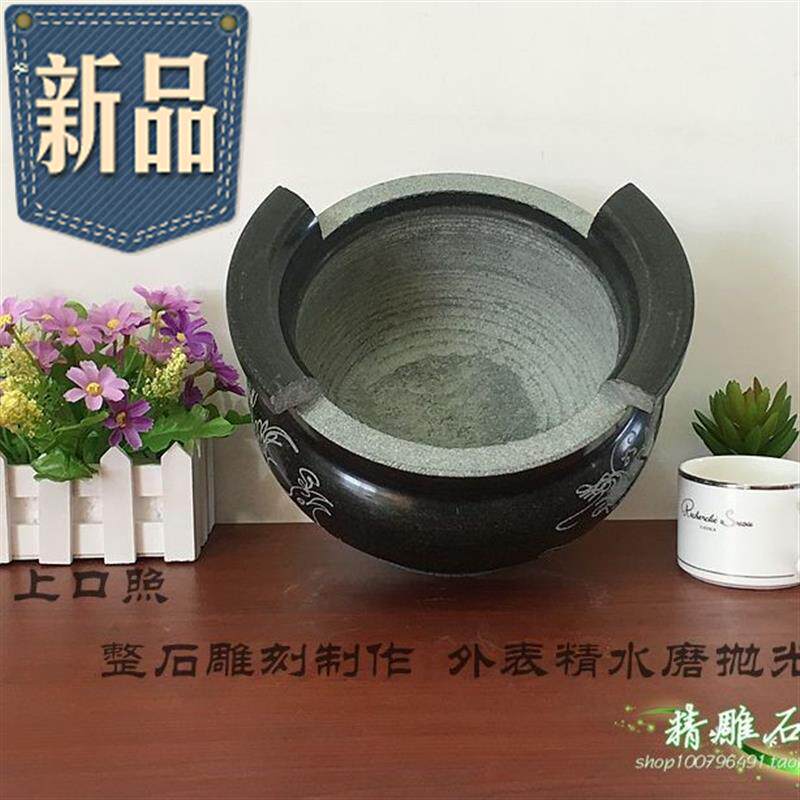 现货祭祀香炉石祭香炉圆形带耳青石头香炉4祖-5v0cm祭0雕神大香炉