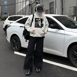 淡灰色印花连帽卫衣男款秋冬季美式复古潮牌高级感重磅青少年外套