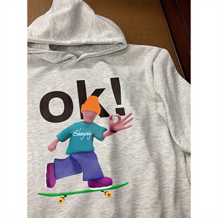 淡灰色字母重磅卫衣男青少年秋季cleanfit外套美式潮牌情侣连帽衫