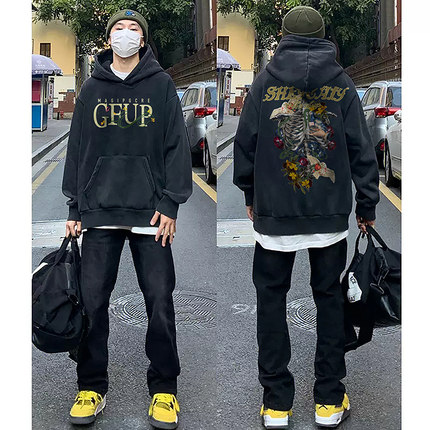美式复古黑色连帽卫衣男款秋季中山工厂潮流衣服oversize重磅外套