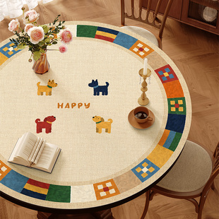 美式卡通圆桌桌布防水防油免洗圆桌垫高级感圆形餐桌保护垫茶几垫