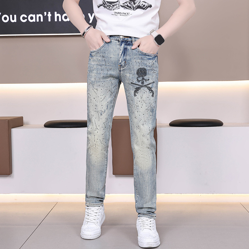 春夏新款牛仔裤男潮烫钻