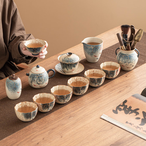 霜语青花火石红茶具高档陶瓷功夫茶具套组手绘描金泡茶壶茶杯家用