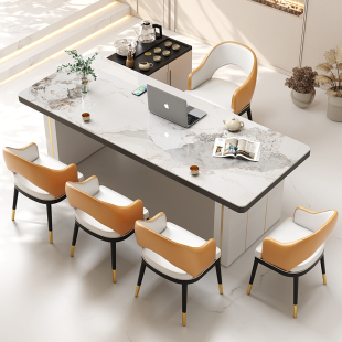 轻奢岩板茶桌椅组合一桌五椅办公室茶桌家用功夫茶台烧水壶一体