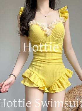 ins风新款明媚黄色少女保守学生连体游泳衣女钢托聚拢遮肉显瘦夏