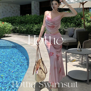 粉色纯欲性感挂脖分体泳衣三件套沙滩度假拍照长裙bikini 桃夭