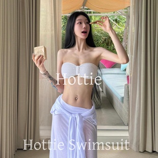 新款 白色纯欲抹胸bikini三件套分体比基尼海边度假长裙泳衣辣妹夏