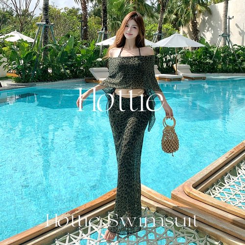 豹纹迷情性感一字肩分体泳衣