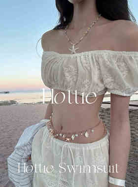 【少女祈祷】白色纯欲波西米亚抹胸一字肩分体bikini海边度假长裙