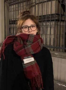 红色围巾女冬季韩版格子百搭保暖高级感潮新年礼物圣诞围脖披肩
