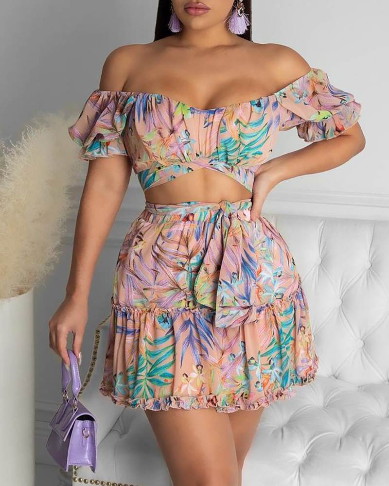 Off Shoulder Floral Print Top Skirt Set Women 花卉印花套裙