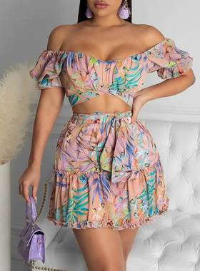 Off Shoulder Floral Print Top Skirt Set Women 花卉印花套裙
