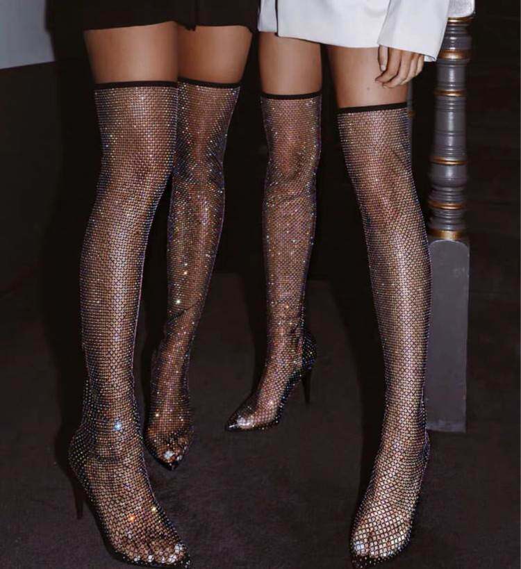 2021水钻尖头细高跟过膝长网袜靴女Diamond mesh stocking boots