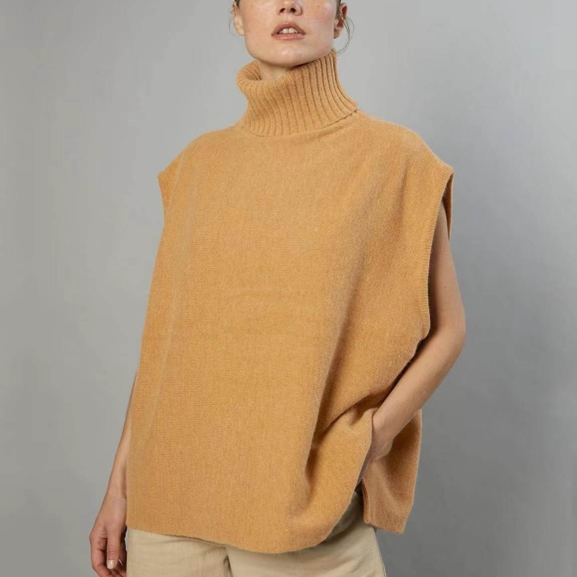欧美高领无袖上衣时尚宽松休闲毛衣High neck sleeveless sweater