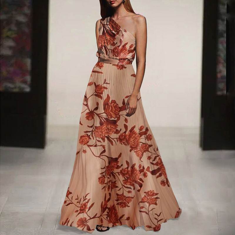 One shoulder printed dress拼接印花连衣裙时尚性感斜肩大摆女