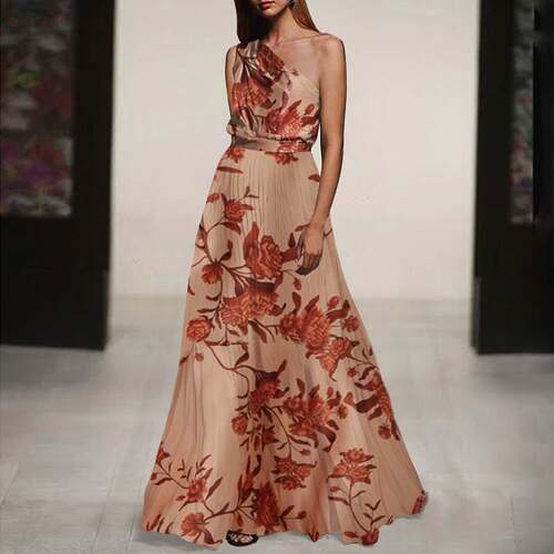 One shoulder printed dress拼接印花连衣裙时尚性感斜肩大摆女