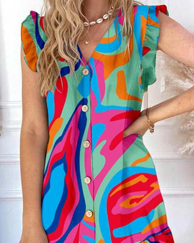 Flutter Sleeve Ruffles Casual Dress彩色印花木耳边无袖连衣裙