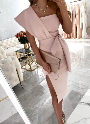斜肩高腰纯色派对连衣裙Elegant Women One Shoulder Party Dress