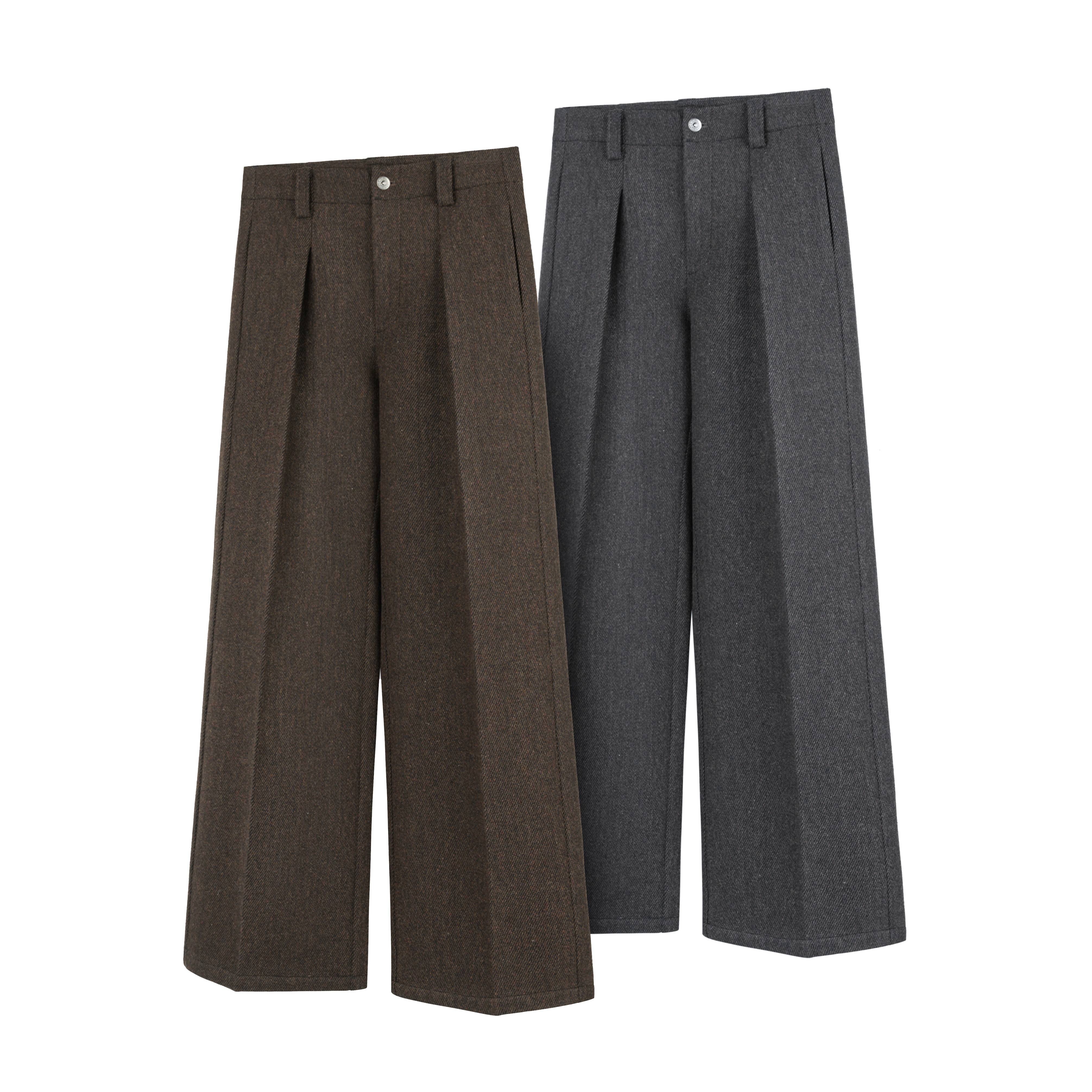 DESERTO 50%羊毛重磅700G花纱骑兵呢单褶烫线A字型宽松挺括西裤男