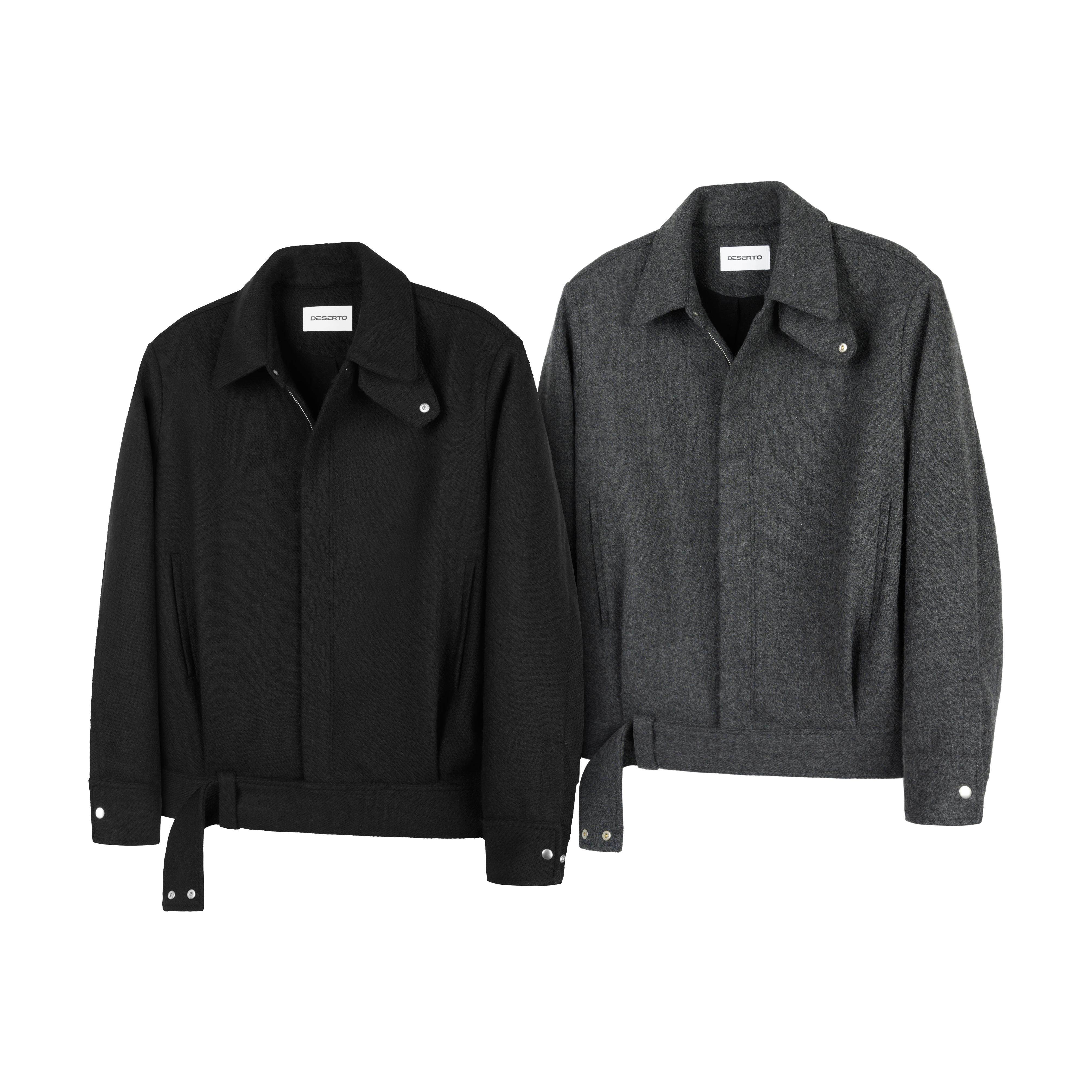 DESERTO 50%羊毛人字纹可调节下摆领型绑带骑士夹克暖绒内里秋冬