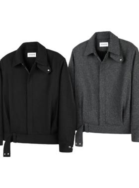 DESERTO 50%羊毛人字纹可调节下摆领型绑带骑士夹克暖绒内里秋冬