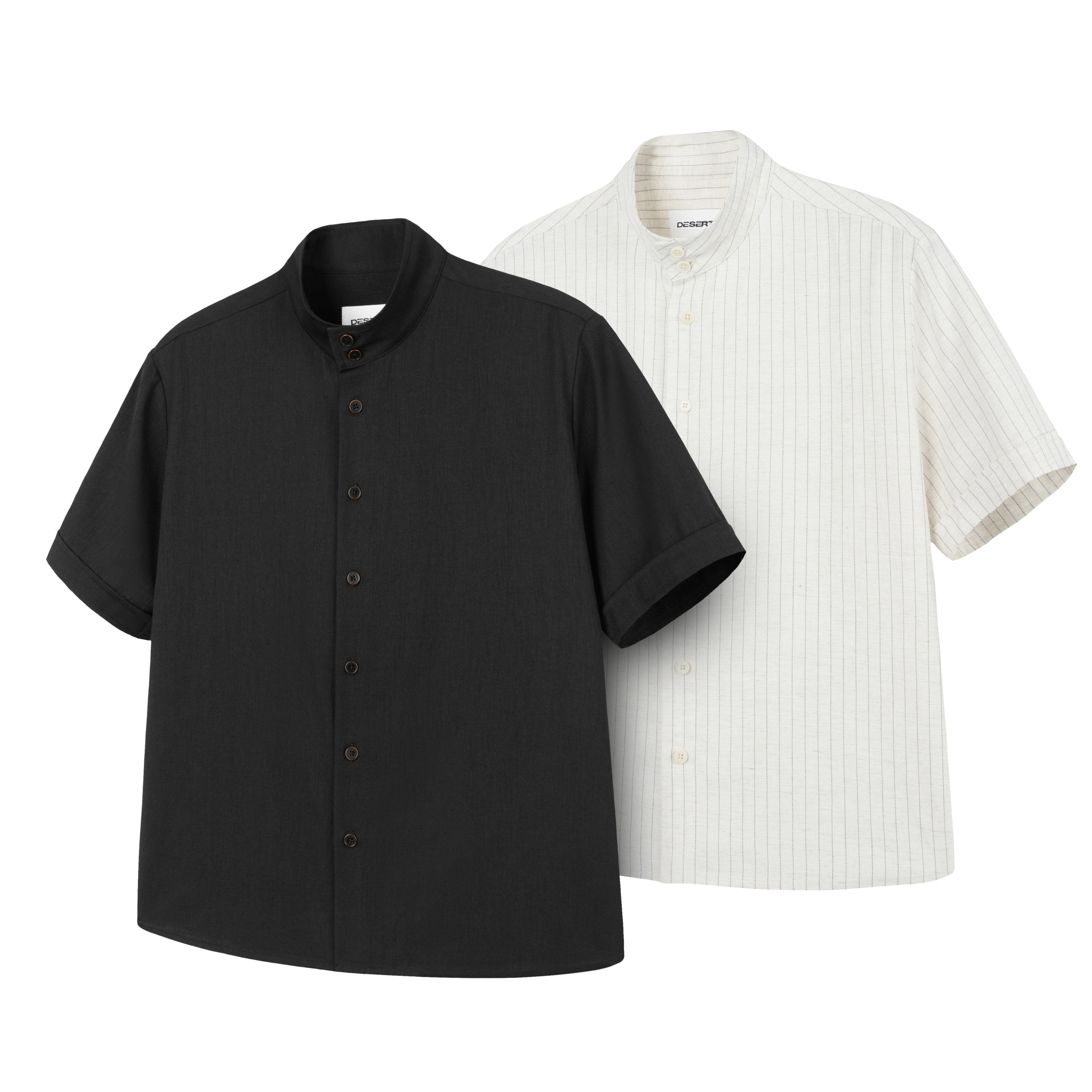 DESERTO 天丝亚麻混纺条纹卷袖哈灵顿立领休闲夏季日常短袖衬衫男